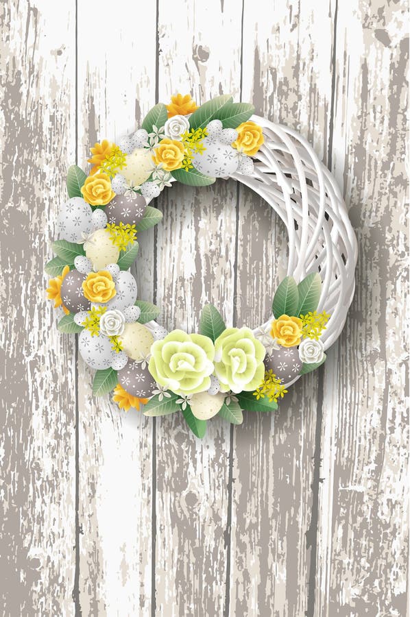 Decorated elegant Easter wreath with eggs flowers and leafs - on rustic wooden background vector illustration