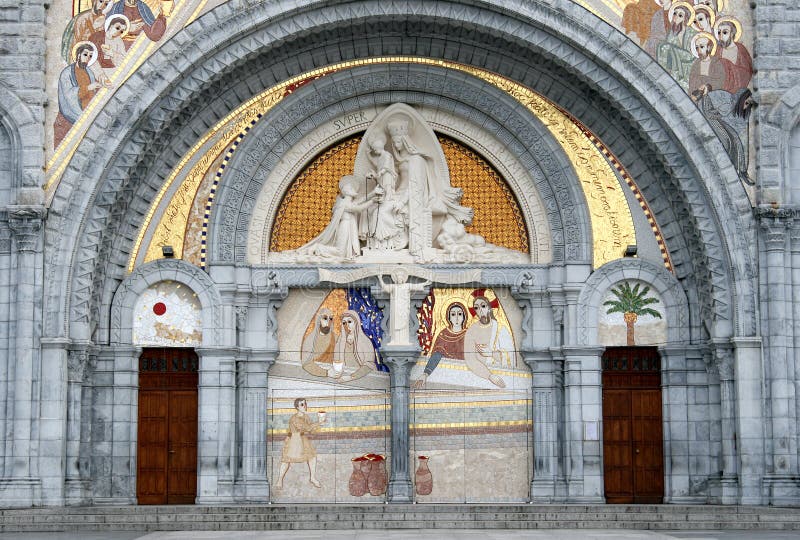 Following the claims that there were apparitions of Our Lady of Lourdes to Bernadette Soubirous in 1858, Lourdes has developed into a major place of Christian pilgrimage. The Basilica of the Rosary, designed in a Byzantine-influenced Romanesque style, was built between 1883 and 1889 to replace the original chapel on the site of the apparitions of the Virgin Mary. A sculpture over the entrance depicts the Virgin Mary giving the rosary to St. Dominic. Following the claims that there were apparitions of Our Lady of Lourdes to Bernadette Soubirous in 1858, Lourdes has developed into a major place of Christian pilgrimage. The Basilica of the Rosary, designed in a Byzantine-influenced Romanesque style, was built between 1883 and 1889 to replace the original chapel on the site of the apparitions of the Virgin Mary. A sculpture over the entrance depicts the Virgin Mary giving the rosary to St. Dominic.