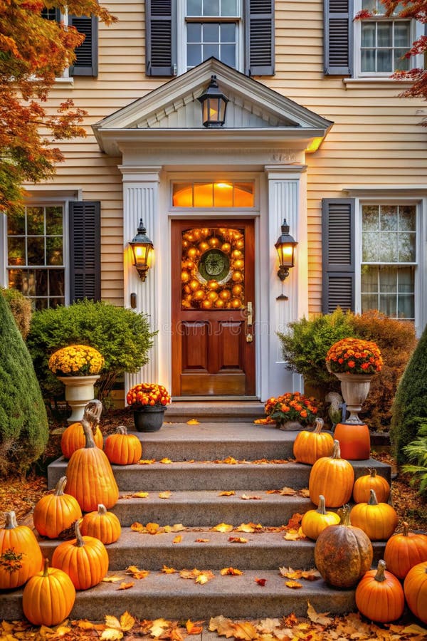 Halloween Decorated Front Door with Pumpkins. Stock Illustration ...