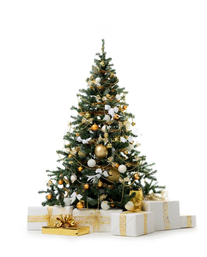 Decorated gold Christmas tree with golden patchwork ornament artificial balls and gift presents for new year