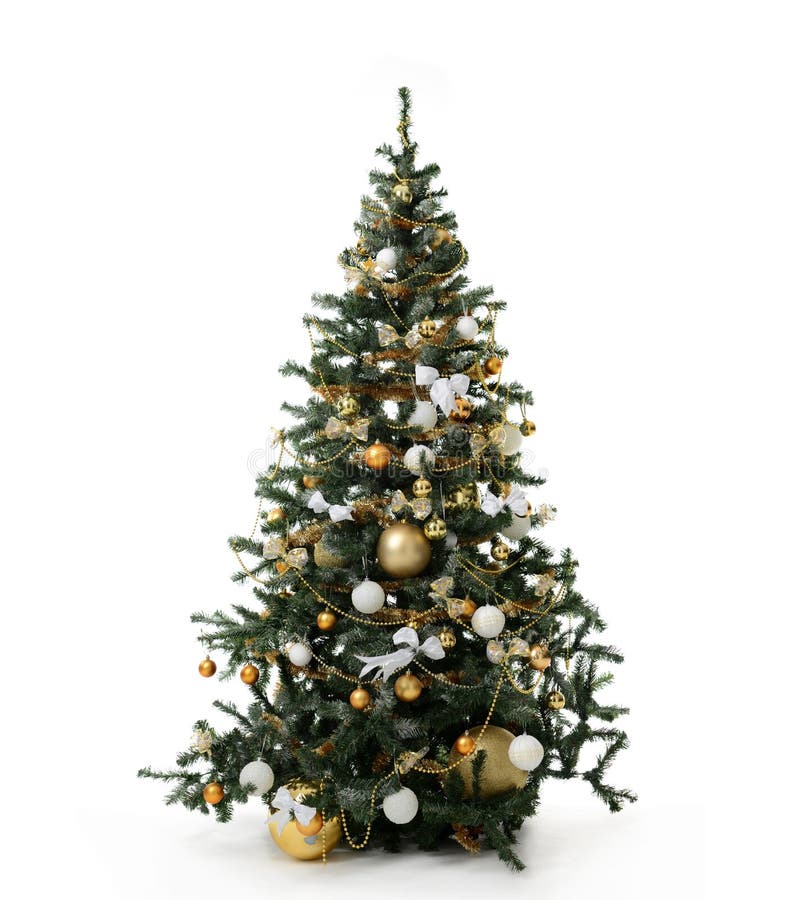 Christmas tree with golder patchwork ornament artificial star hearts balls bells presents for new year isolated