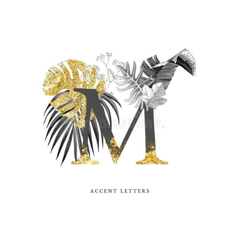 Decorated M Letter with Hand Drawn Tropical Leaves Stock Vector