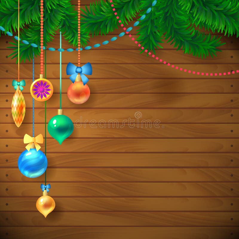 Decorated Merry Christmas Tree Branch. Happy New Year decoration frame on Wood with Space for your Text. Vector Illustration