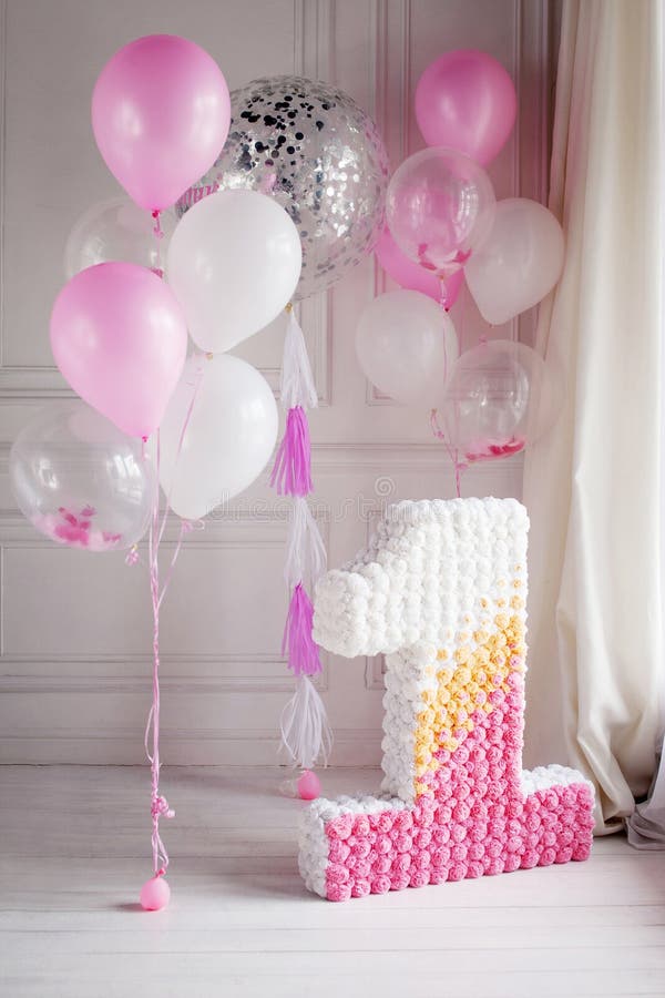 Decorated Number 1 for a First Birthday and Balloons Stock Image - Image of  backgrounds, petals: 199669491