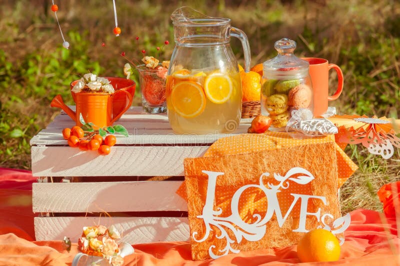 Decorated Picnic with Oranges and Lemonade in the Summer Stock Photo