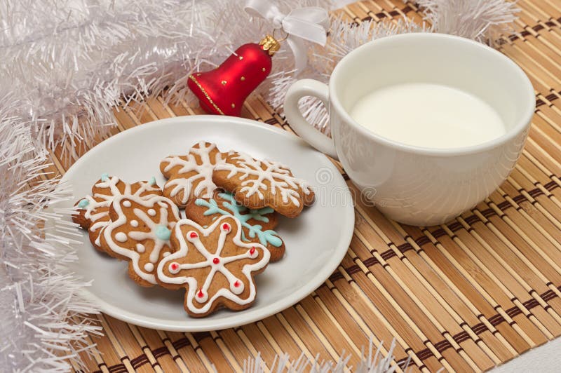 Decorated Sugar Cookies and Milk for Santa at Christmas Time on. Decoration, color.