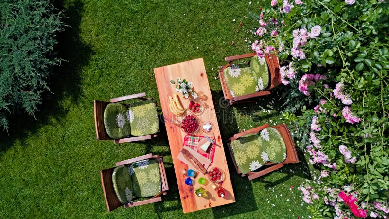 Decorated table with cheese, strawberry and fruits in beautiful summer rose garden, aerial top view of table food and drinks setting outdoors from above. Leisure and picnic with family and friends