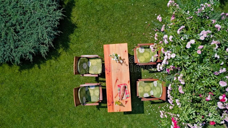 Decorated table with cheese, strawberry and fruits in beautiful summer rose garden, aerial top view of table food and drinks