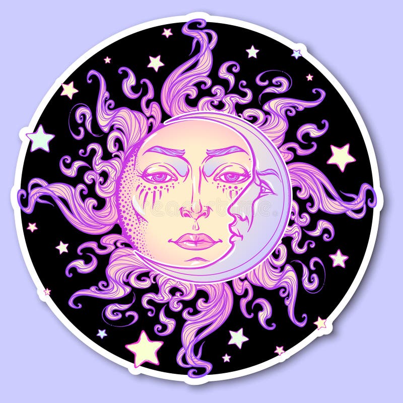 decoratieve sticker Zien de getrokken zon van de Fairytalestijl hand en de toenemende maan met een mens op een sterrige nachtacht stock illustratie decoratieve sticker Zien de getrokken zon van de Fairytalestijl hand en de toenemende maan met een mens op een sterrige nachtacht stock illustratie