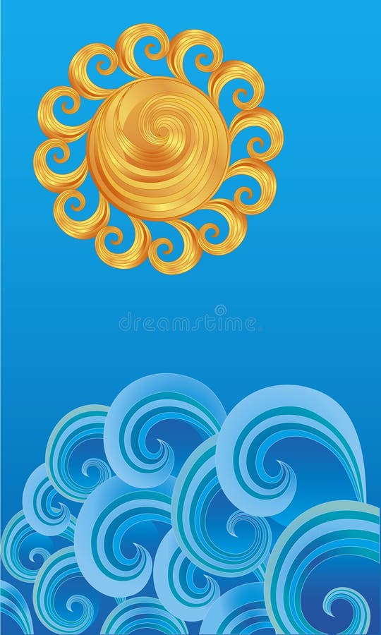 Decoratieve zon over de golven stock illustratie Decoratieve zon over de golven stock illustratie