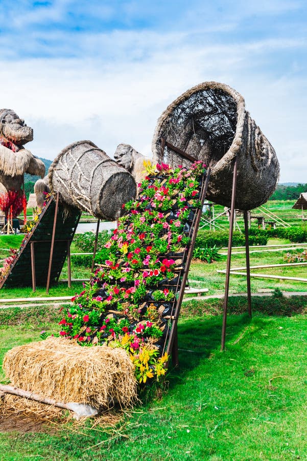 Decoration of Flower with Bamboo Basket Stock Image Image of
