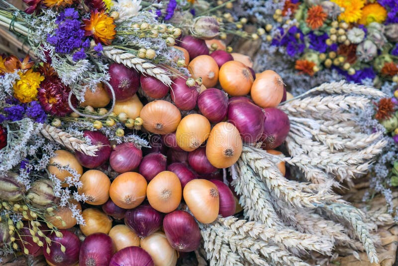 Decoration with Flowers and Onions Stock Image Image of antique, healthy 37093919