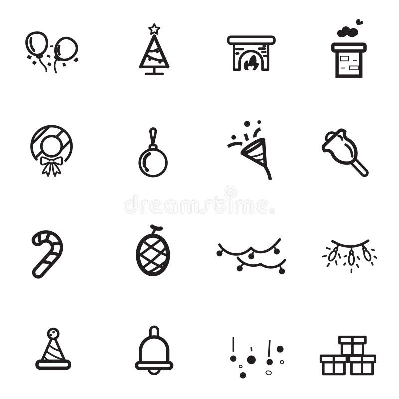 Decoration item balloon tree bell ring line flat icon set vector stock illustration