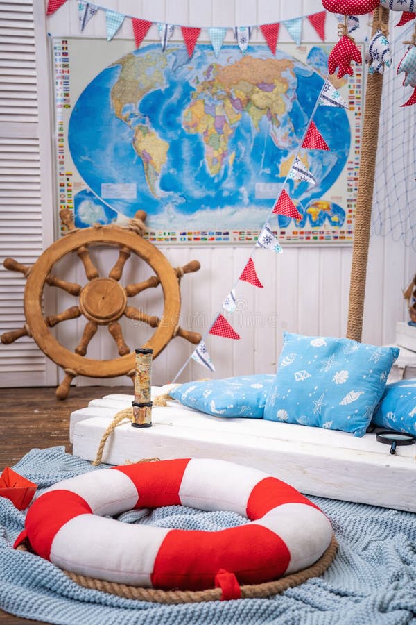 Decoration of the Room in a Pirate Style, with a Helm and a Treasure Chest  Stock Photo - Image of boat, helm: 177313724