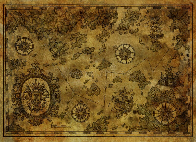 Ancient pirate map with treasure islands, compass, old ships on antique texture background