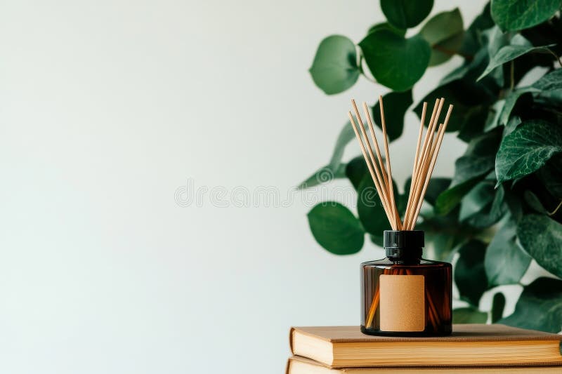 Decorative Aroma Diffuser and Dried Flowers on Stacked Books in a Minimalistic Setting. stock photo