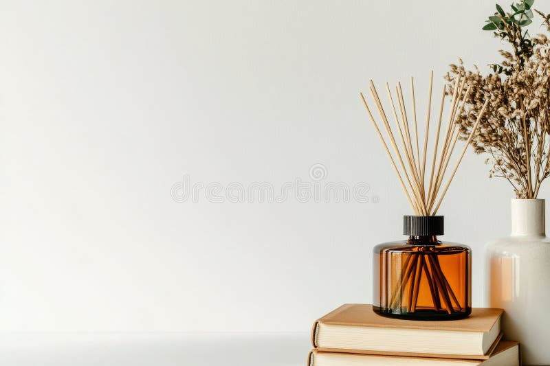 Decorative Aroma Diffuser and Dried Flowers on Stacked Books in a Minimalistic Setting royalty free stock photo