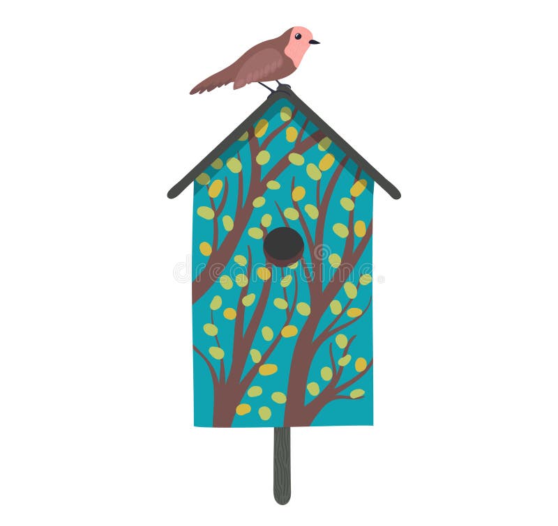 Decorative bird handmade house, home for wildlife character poultry isolated on white, cartoon vector illustration. Cozy blue nesting box, chick flight design outdoor forest birdhouse.