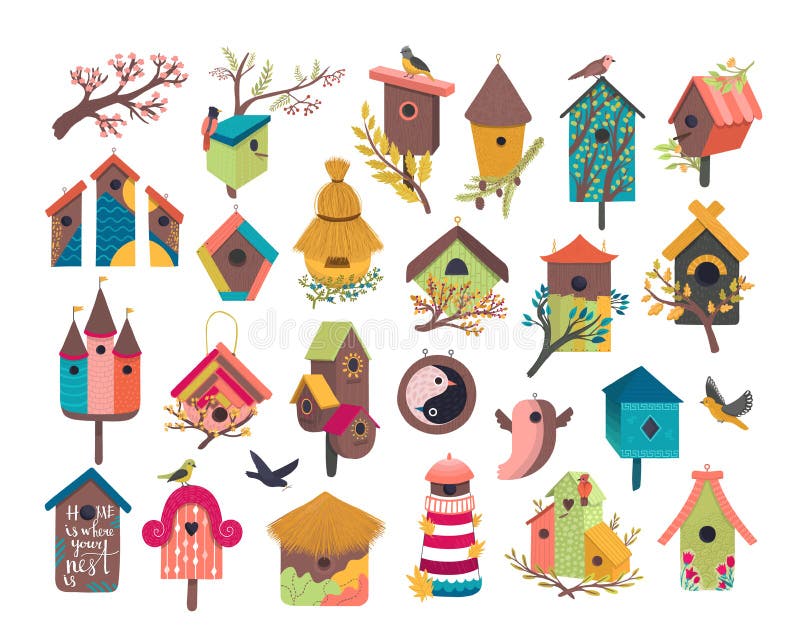Decorative bird house vector illustration set. Cartoon cute birdhouse for flying birds, cute birdbox, colorful birdie wooden home on garden tree branch with spring flowers flat icons isolated on white. Decorative bird house vector illustration set. Cartoon cute birdhouse for flying birds, cute birdbox, colorful birdie wooden home on garden tree branch with spring flowers flat icons isolated on white