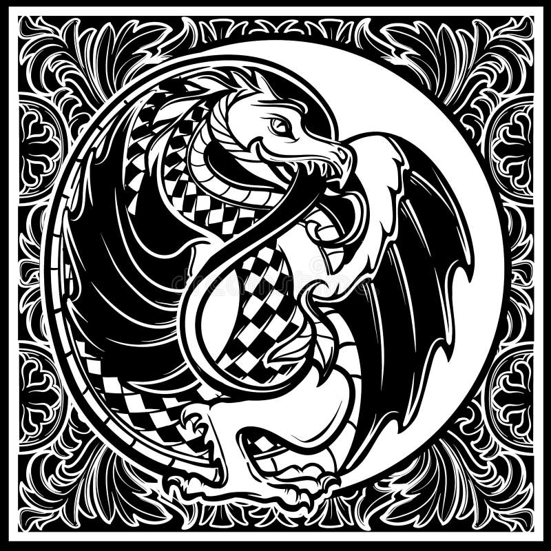 Decorative dragon. Medieval gothic style concept art. Design element. Black a nd white drawing isolated on grey background. EPS10 vector illustration. Decorative dragon. Medieval gothic style concept art. Design element. Black a nd white drawing isolated on grey background. EPS10 vector illustration
