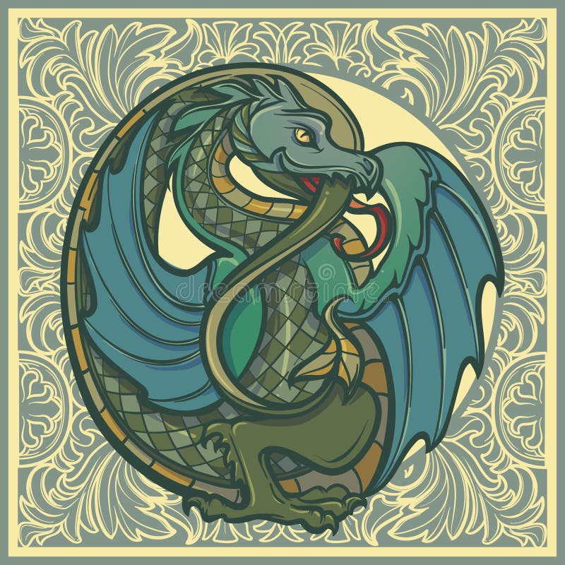 Decorative dragon. Medieval gothic style concept art. Design element. Hand drawn image isolated on decorative floral background. EPS10 vector illustration. Decorative dragon. Medieval gothic style concept art. Design element. Hand drawn image isolated on decorative floral background. EPS10 vector illustration