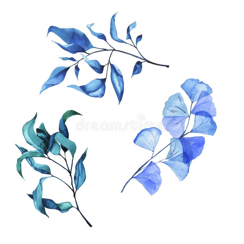 Blue Ginkgo Branches and Abstract Leaf Wreath. Hand Drawn Watercolor
