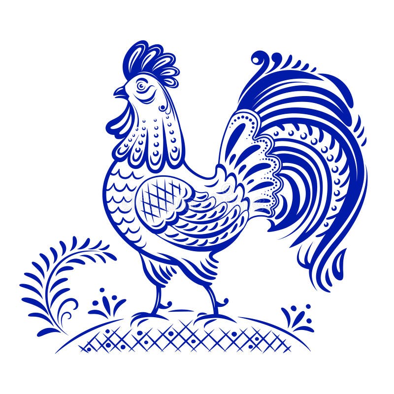 Decorative Blue and White Rooster. Stock Vector Illustration of