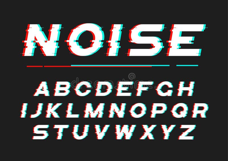 Decorative bold font with digital noise, distortion, glitch effect. Vector alphabet letters, typeface. royalty free illustration