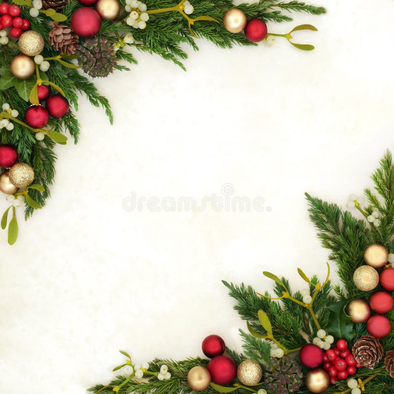 Decorative christmas background border with red and gold bauble decorations, holly, mistletoe, ivy, juniper fir and pine cones on old parchment paper. Decorative christmas background border with red and gold bauble decorations, holly, mistletoe, ivy, juniper fir and pine cones on old parchment paper.