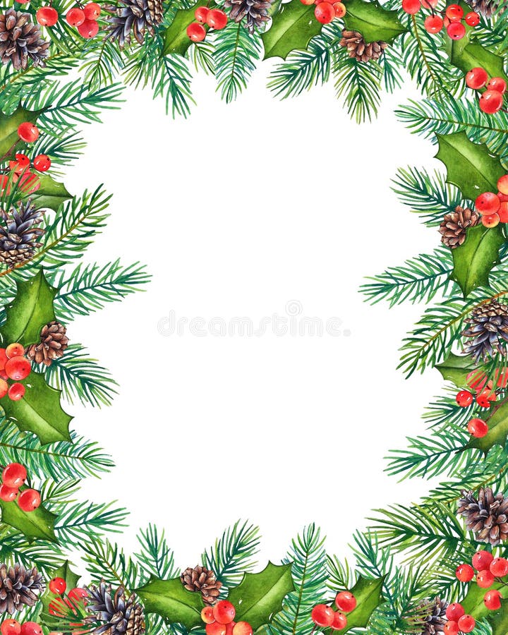 Decorative Christmas floral frame with watercolor branches of holly with berries and pine tree with cones isolated on white stock illustration Decorative Christmas floral frame with watercolor branches of holly with berries and pine tree with cones isolated on white stock illustration