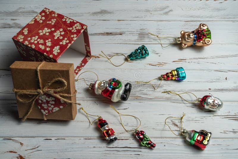 Decorative Christmas Gift Boxes with Christmas Tree Ornaments Stock