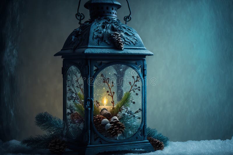 Decorative Christmas Lantern with a Blue Hardwood Backdrop. Studio