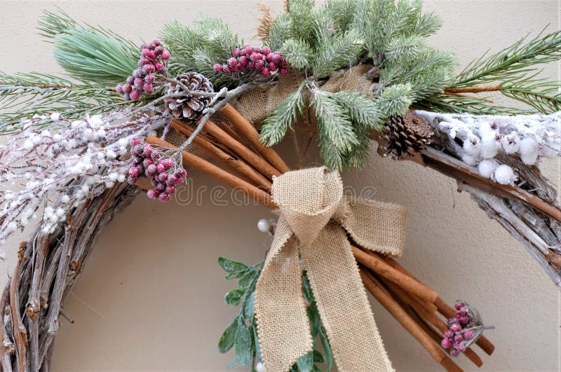 Decorative Christmas Wreath with Pine Branch and Natural Ribbon Stock ...