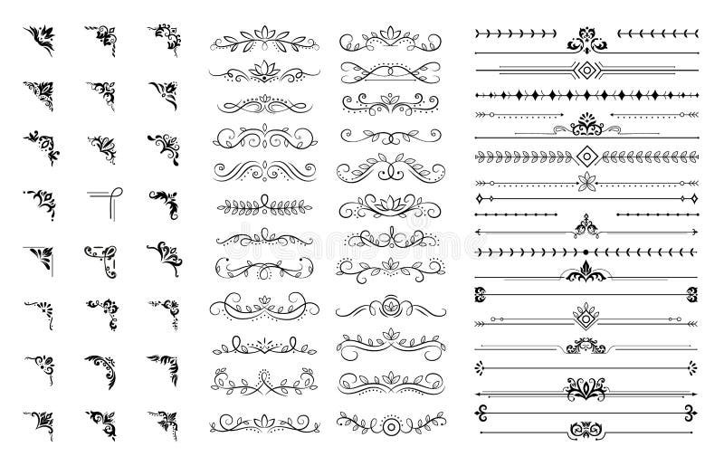 Decorative corners and dividers. Ornamental curls border, royal ornaments and vintage filigree ornament corner vector