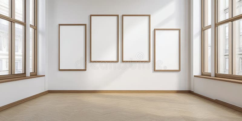 A Decorative Empty Wooden Picture Frame Mockup Placed in a Spacious and Bright Room royalty free stock images