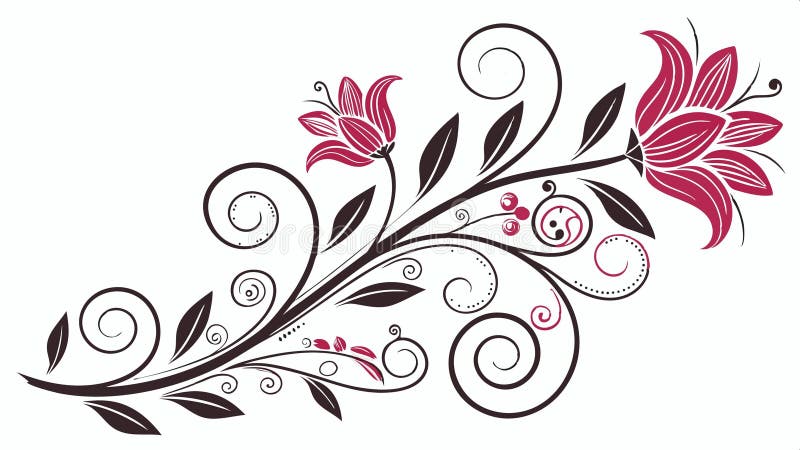 Decorative floral scroll element with flowing lines and stylized pink flowers vector design Generative AI stock illustration