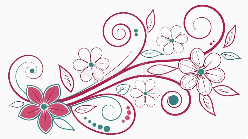 Decorative floral scroll element with flowing lines and stylized pink flowers vector design Generative AI stock illustration