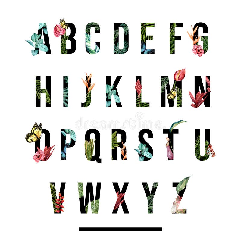 Decorative Floral Tropical Alphabet English Font. Watercolor Tropic ...