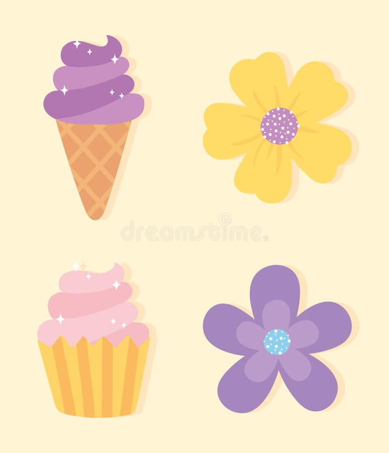 Decorative flowers ice cream cupcake sweet cartoon icons