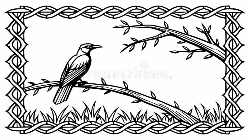 Decorative frame with a bird perched on a stylized branch vector design Generative AI. A decorative frame element featuring a textured border and an illustration of a stylized bird perched on a branch, possibly thorny. Combines nature elements with an artistic border, suitable for rustic or nature themes vector design Generative AI