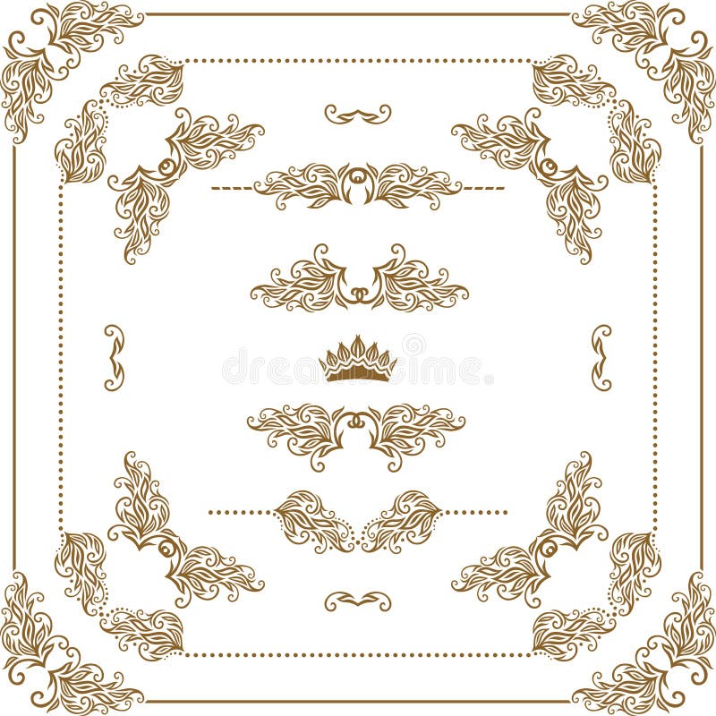 Vector set of gold decorative horizontal floral elements, corners, borders, frame, dividers, crown. Page decoration. Vector set of gold decorative horizontal floral elements, corners, borders, frame, dividers, crown. Page decoration.