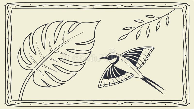 Decorative framed illustration of a bird and leaf branch vector design Generative AI royalty free illustration
