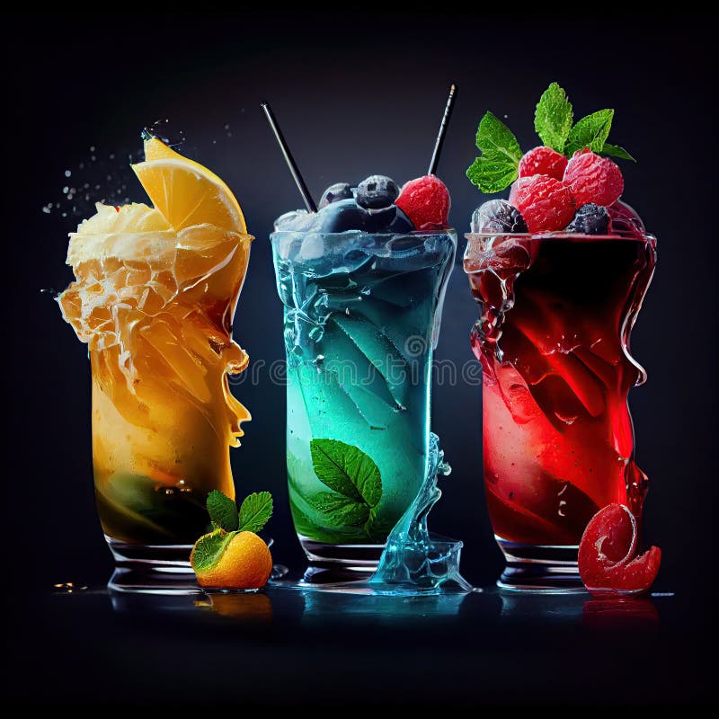 Decorative Fruit and Herbinfused Nonalcoholic Drinks in Fancy Glasses. Fancy Non Alcoholic