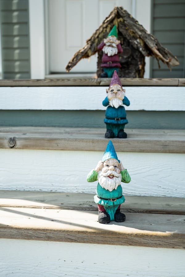 Decorative Garden Gnomes in Front of House Entrance Stock Photo Image