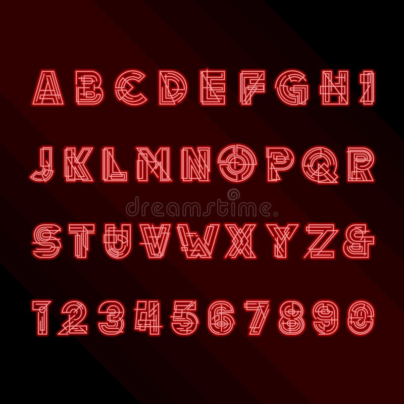 Decorative geometric alphabet font. Glowing type letters and numbers. stock illustration