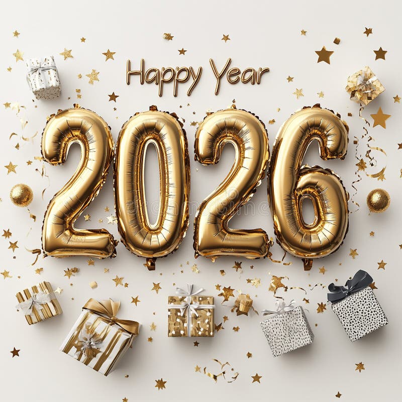 Decorative Gift Box with Festive Happy New Year 2026 Greeting Card and Sparkling Fireworks stock illustration