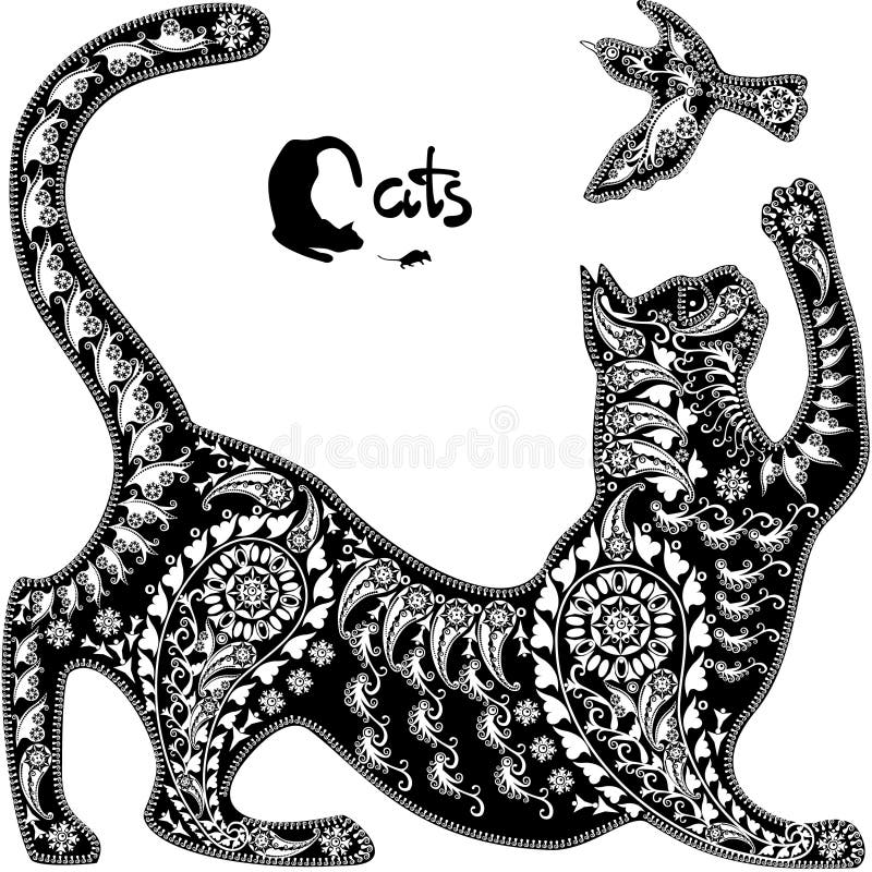 Decorative Graphic Image, a Cat Playing with a Bird Stock Vector