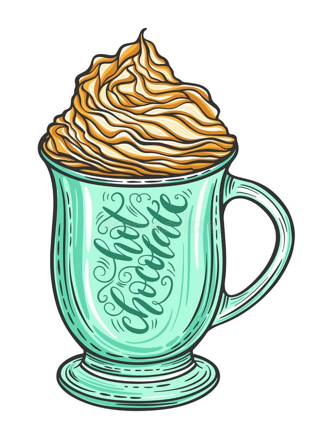 Hot chocolate or coffee in a mug with whipped caramel royalty free illustra...