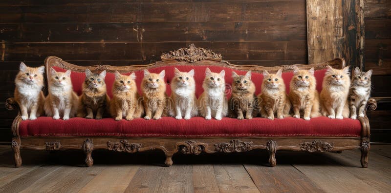 Decorative illustration of a cute group of cats sitting on a couch royalty free stock photo