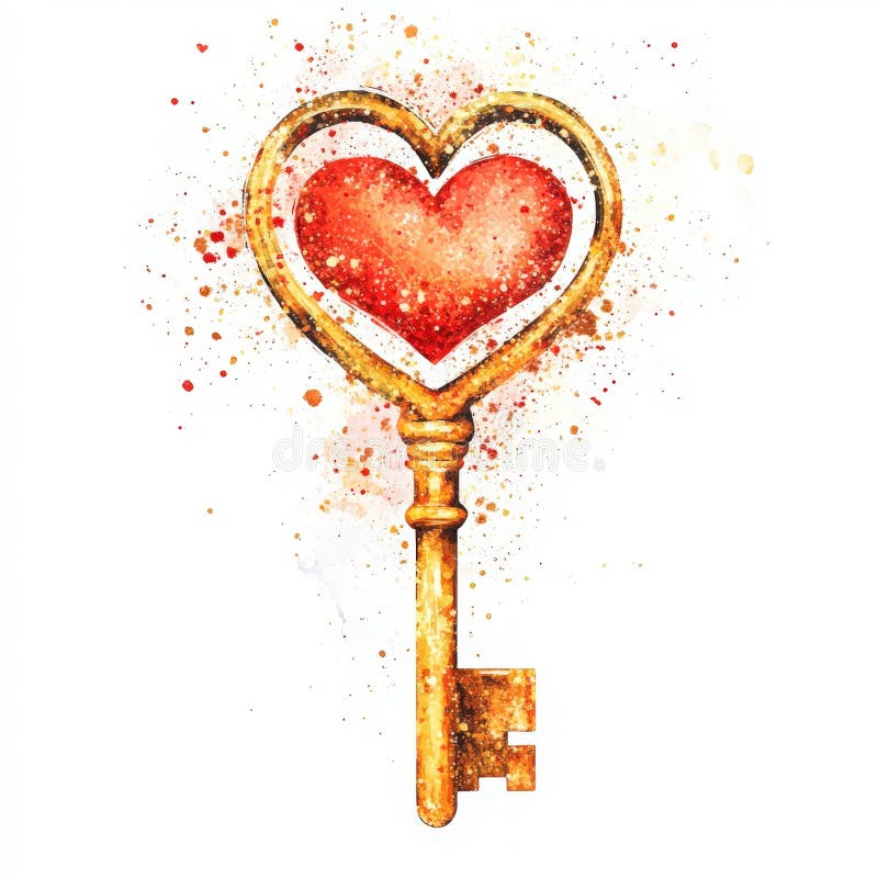 A decorative key shaped like a heart, adorned with vibrant splashes of color. This artistic representation symbolizes love and connection. Key generative illustrations